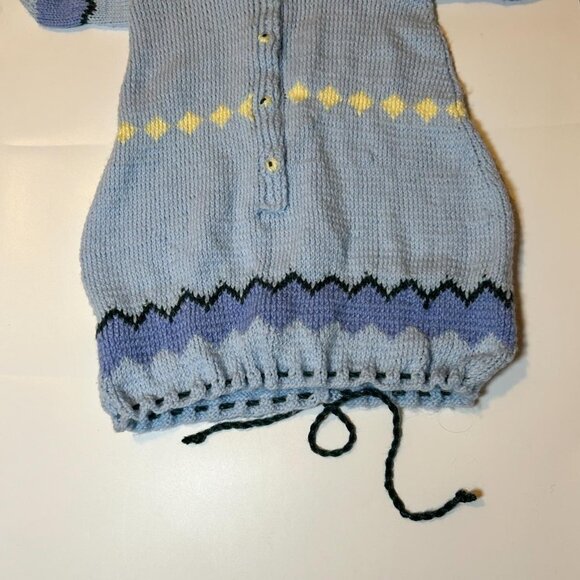 Blue and yellow knitted baby sack in great condition handmade, front button area - Picture 3 of 8